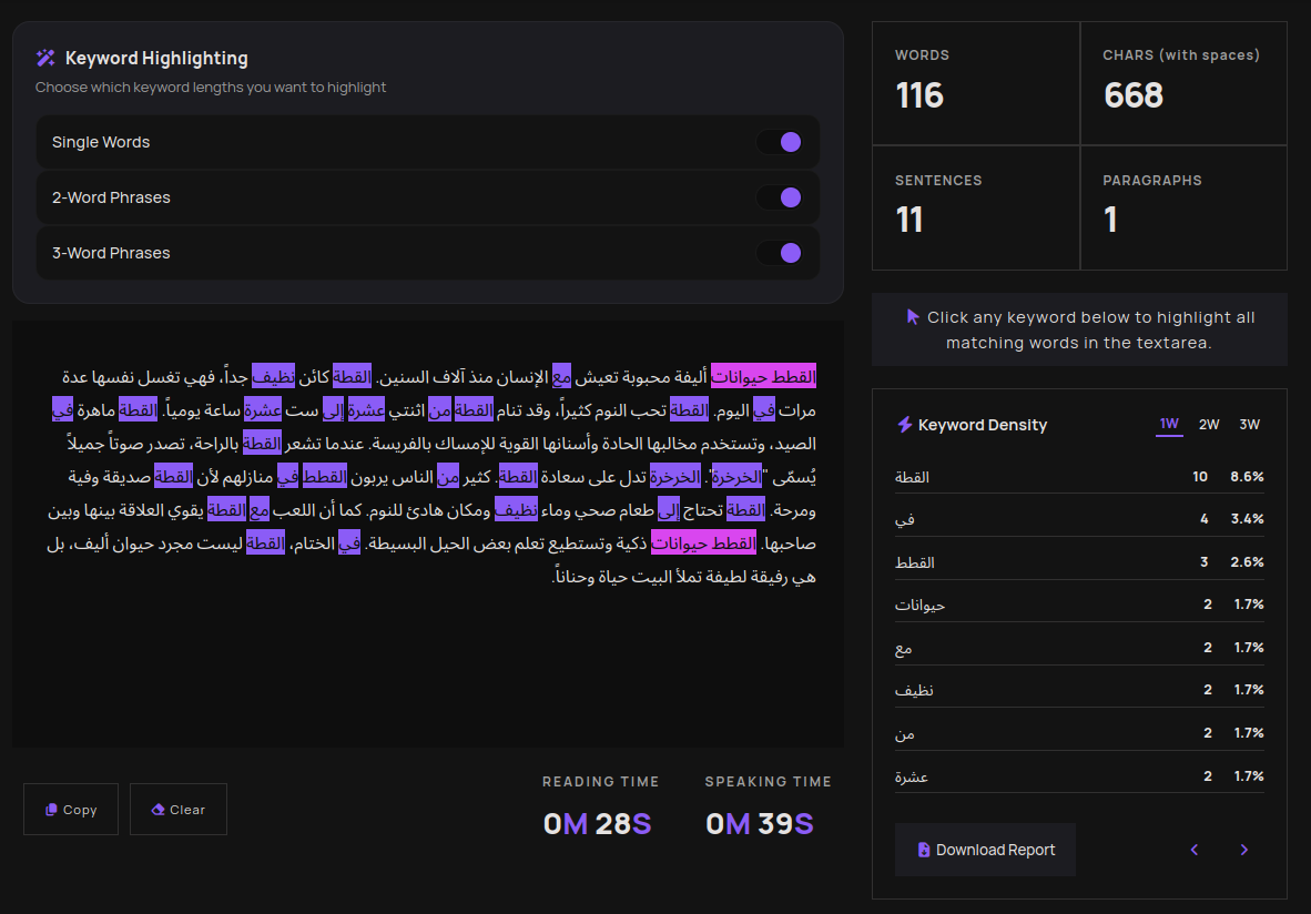 Arabic word counter showing word count, repeated words, and keyword density